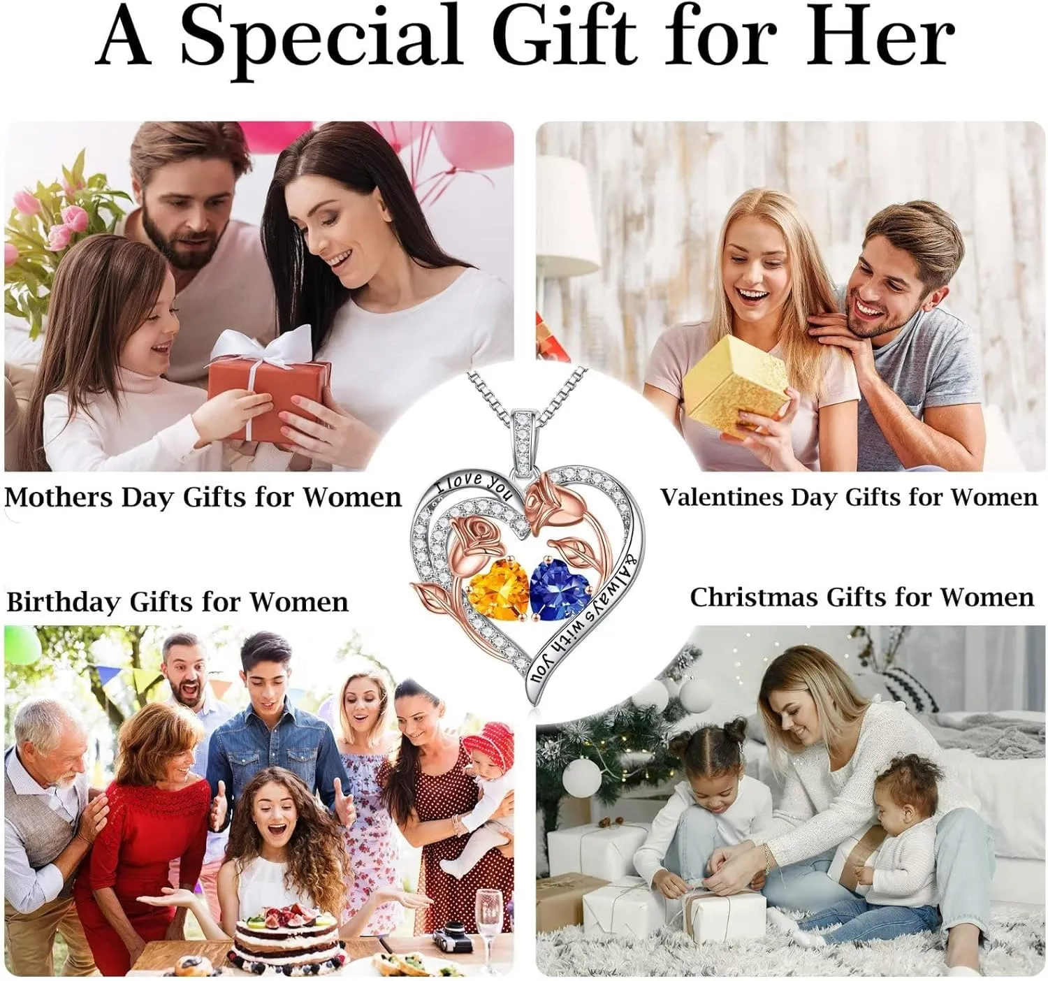 Iefil Birthstone Necklace for Women - 925 Sterling Silver Rose Heart Birthstone Necklace Birthday Anniversary Jewelry Gifts for Her Wife Mom Daughter