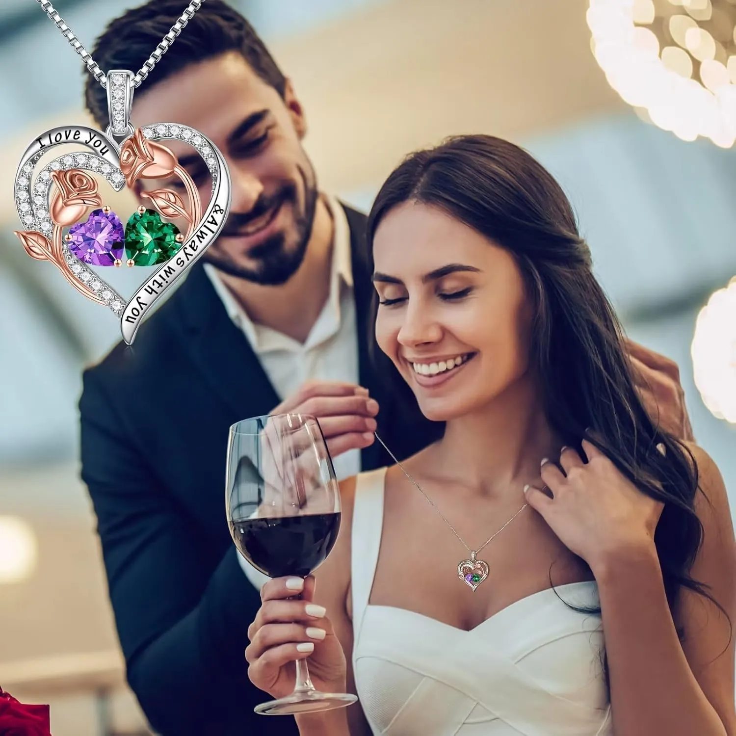 Iefil Birthstone Necklace for Women - 925 Sterling Silver Rose Heart Birthstone Necklace Birthday Anniversary Jewelry Gifts for Her Wife Mom Daughter