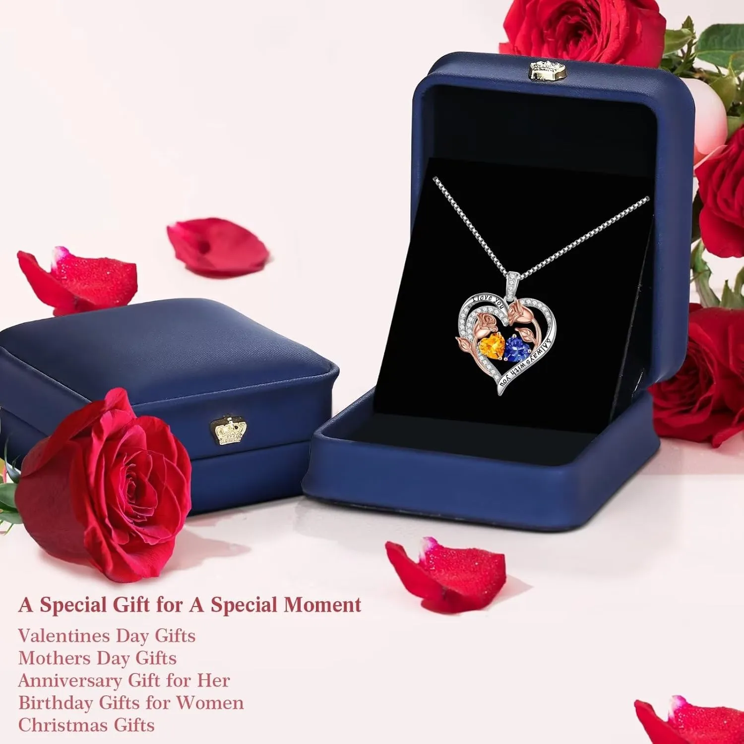 Iefil Birthstone Necklace for Women - 925 Sterling Silver Rose Heart Birthstone Necklace Birthday Anniversary Jewelry Gifts for Her Wife Mom Daughter