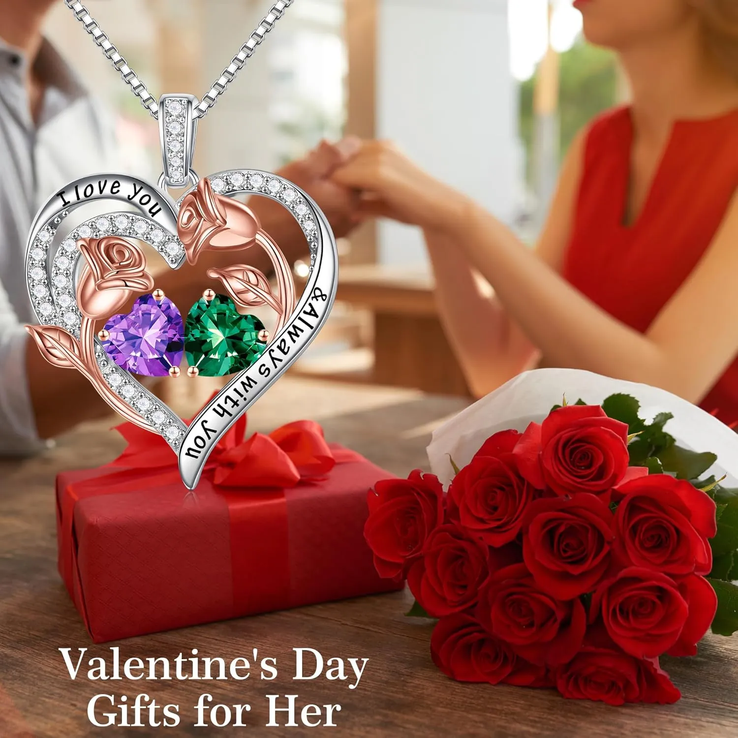 Iefil Birthstone Necklace for Women - 925 Sterling Silver Rose Heart Birthstone Necklace Birthday Anniversary Jewelry Gifts for Her Wife Mom Daughter