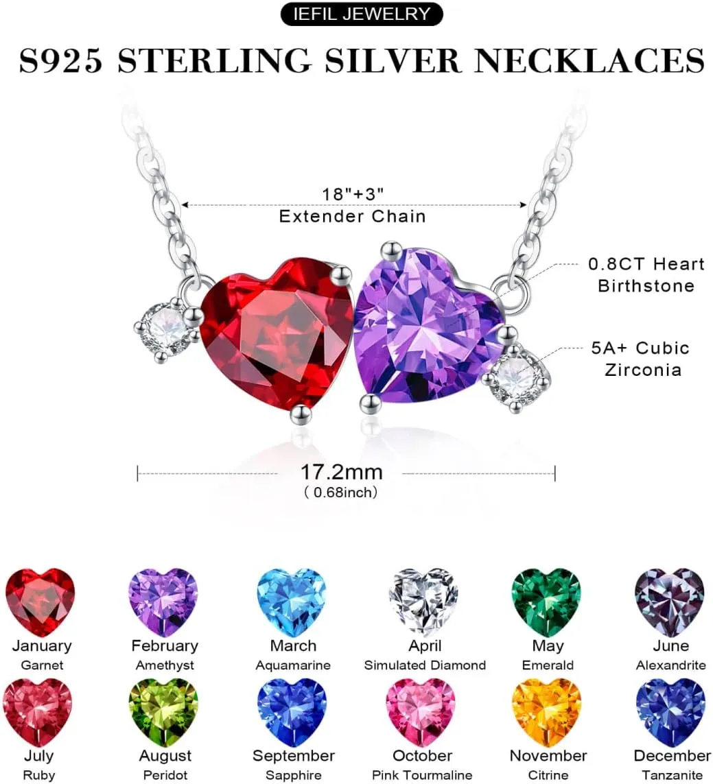 Iefil Double Birthstone Necklace for Women - 0.8CT 925 Sterling Silver Birthstone Necklace, Gifts for Her Wife Girlfriend Mom