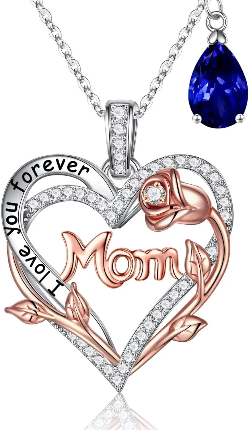 Iefil Rose Birthstone Gifts for Mom, S925 Sterling Silver Rose Heart Pendant Birthstone Necklace Valentines Day Birthday Jewelry Gifts for Mom