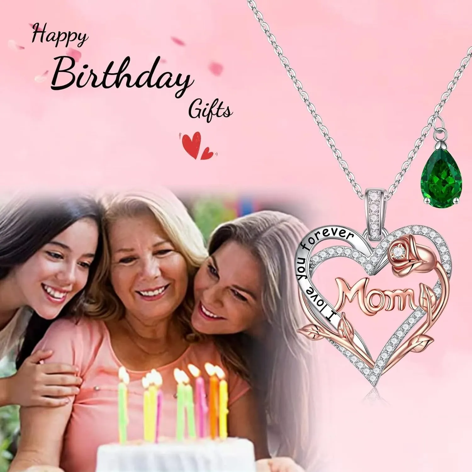 Iefil Rose Birthstone Gifts for Mom, S925 Sterling Silver Rose Heart Pendant Birthstone Necklace Valentines Day Birthday Jewelry Gifts for Mom