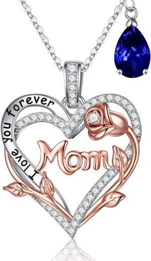 Iefil Rose Birthstone Gifts for Mom, S925 Sterling Silver Rose Heart Pendant Birthstone Necklace Valentines Day Birthday Jewelry Gifts for Mom