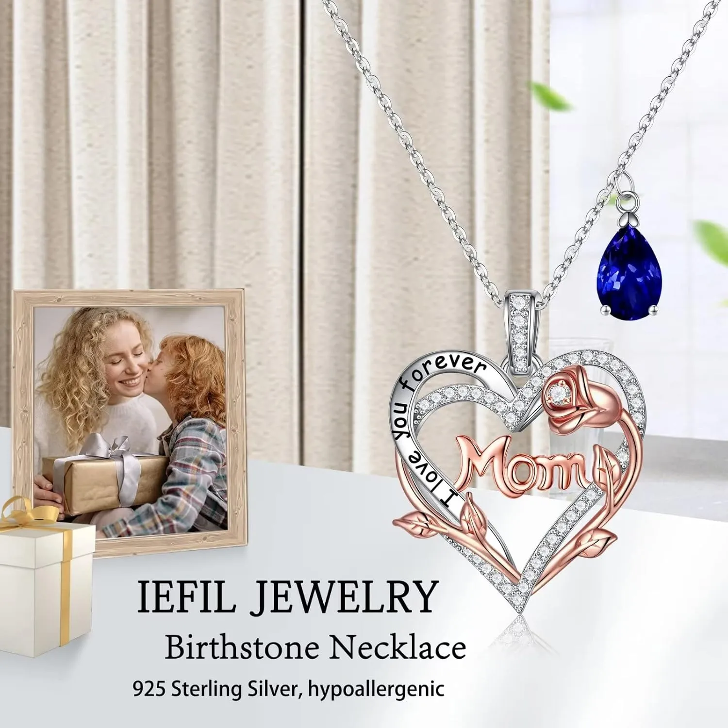 Iefil Rose Birthstone Gifts for Mom, S925 Sterling Silver Rose Heart Pendant Birthstone Necklace Valentines Day Birthday Jewelry Gifts for Mom