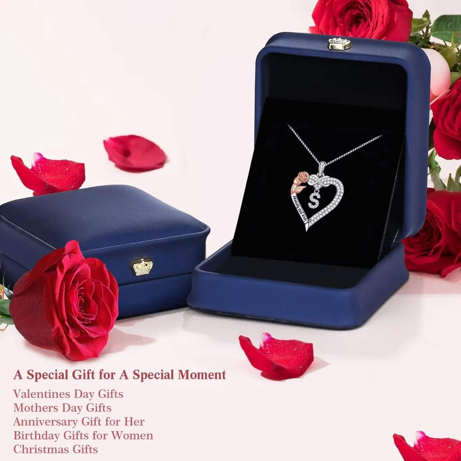 Iefil Rose Heart Necklace Gifts for Women, 925 Sterling Silver Rose Heart Initial Letter Heart Pendant Necklace, Mothers Day Anniversary Birthday Gifts for Her Mom Daughter Wife Grandma