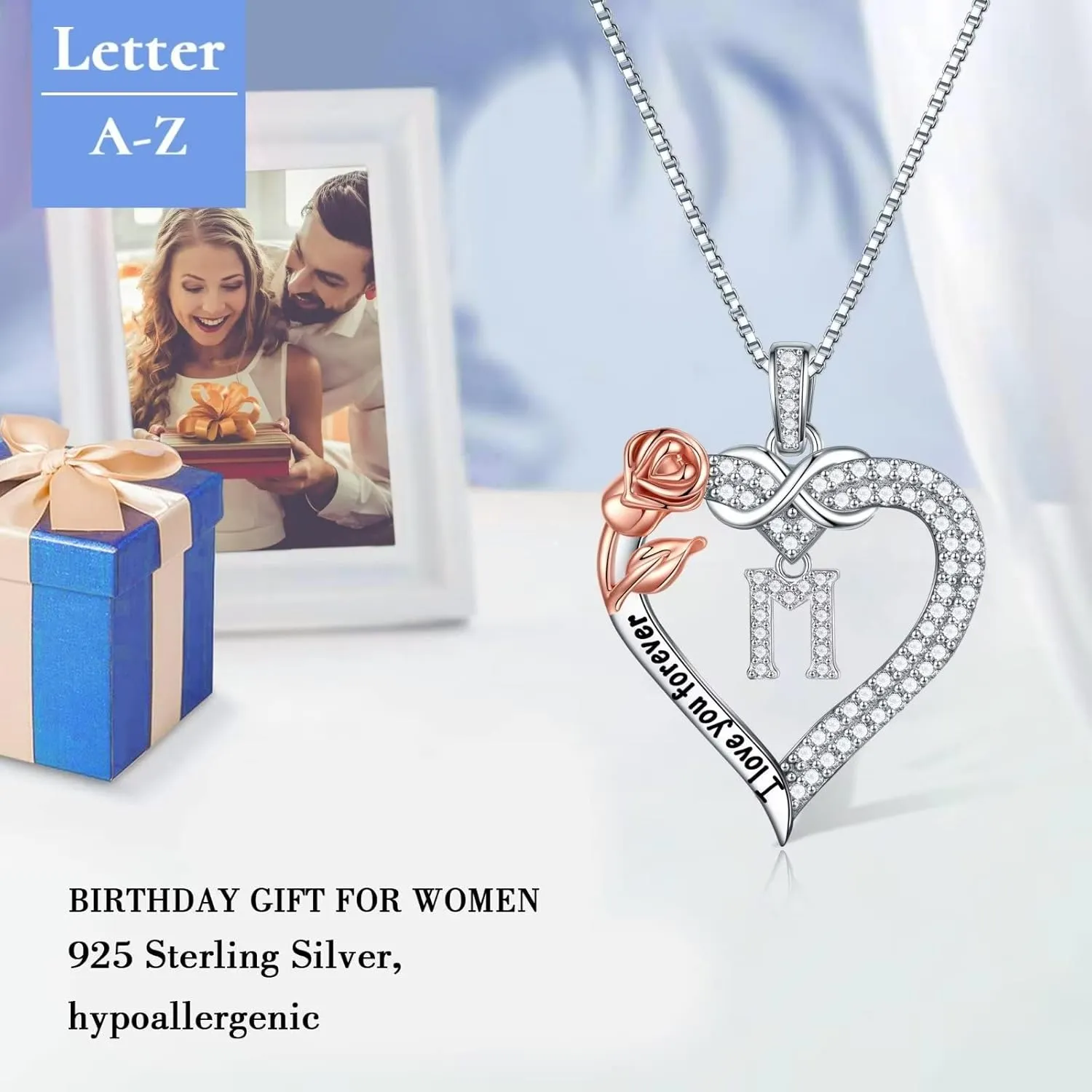 Iefil Rose Heart Necklace Gifts for Women, 925 Sterling Silver Rose Heart Initial Letter Heart Pendant Necklace, Mothers Day Anniversary Birthday Gifts for Her Mom Daughter Wife Grandma