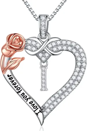 Iefil Rose Heart Necklace Gifts for Women, 925 Sterling Silver Rose Heart Initial Letter Heart Pendant Necklace, Mothers Day Anniversary Birthday Gifts for Her Mom Daughter Wife Grandma