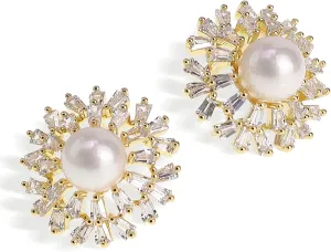 JeanBeau Cubic Zirconia Pearl Snowflake Sunshine Stud Earrings for Women, Statement Sparkly Cluster Rhinestone CZ Round Hypoallergenic Studs Prom Wedding Holiday Fashion Jewelry Gift