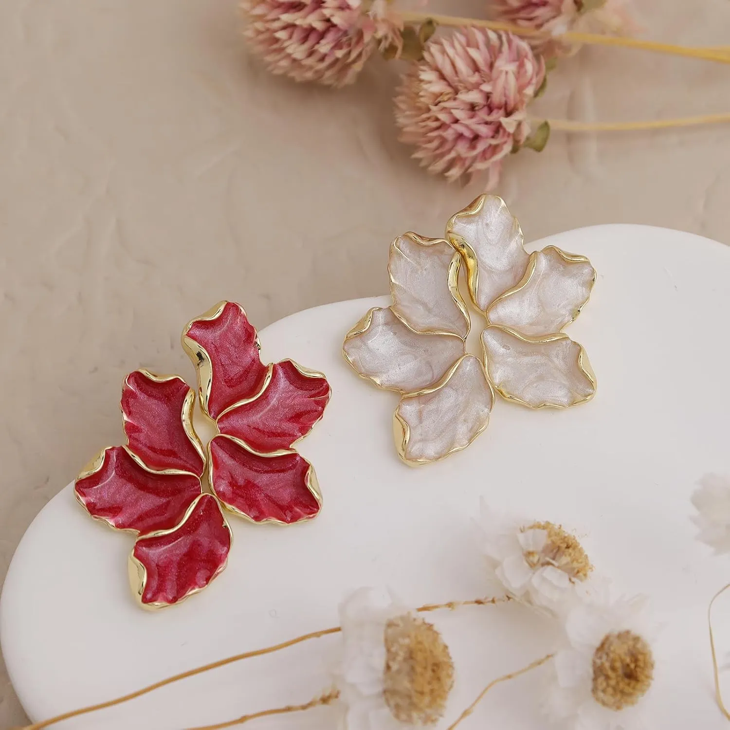 JeanBeau Gold Flower Petal Stud Earrings for Women, Trendy Statement Enamel Floral Earing Summer Prom Fashion Jewelry Gift