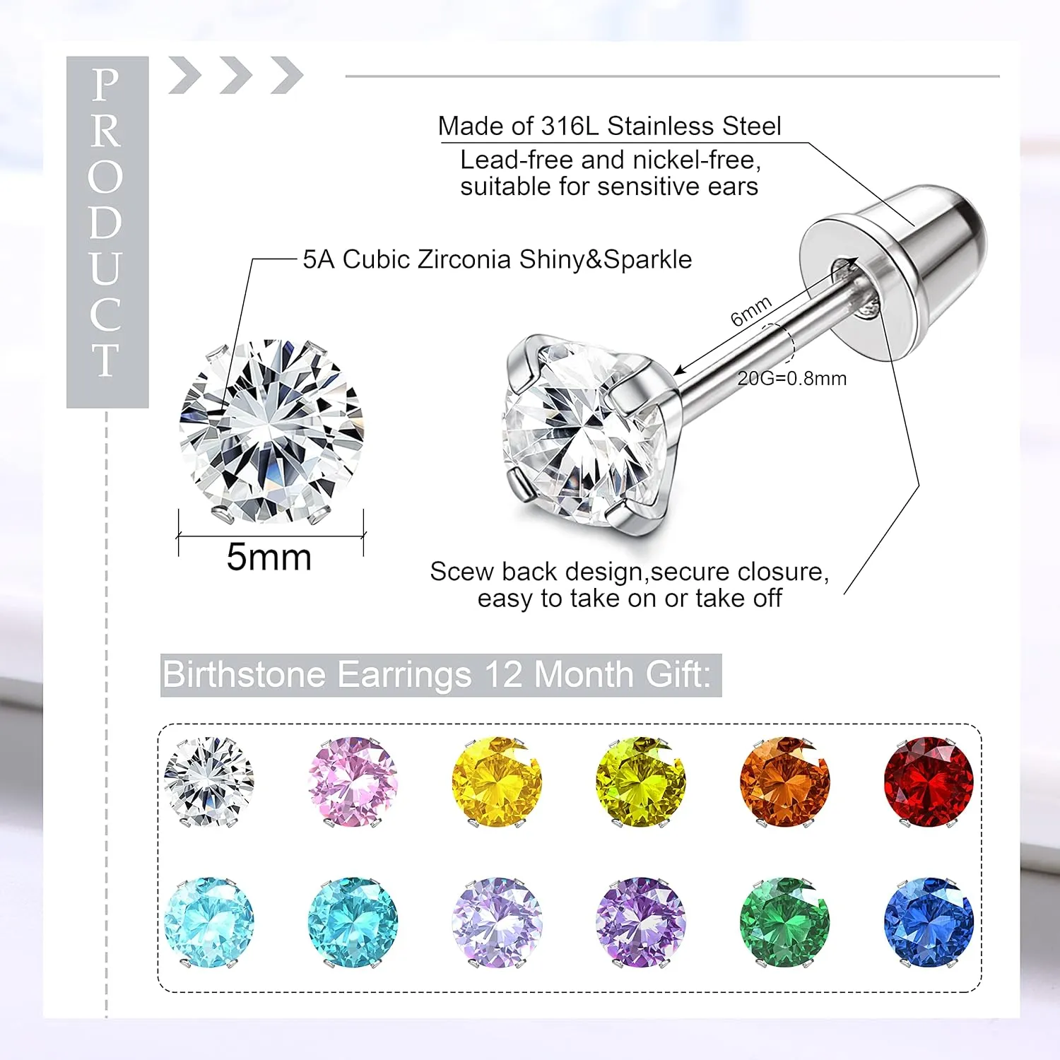 JeryWe 12 Pairs Screw Back Earrings for Women Stainless Steel Multicolored Cubic Zirconia Earrings 3mm /4mm/5mm Stud Earrings with Safety Backs Hypoallergenic Earrings for Women