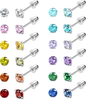 JeryWe 12 Pairs Screw Back Earrings for Women Stainless Steel Multicolored Cubic Zirconia Earrings 3mm /4mm/5mm Stud Earrings with Safety Backs Hypoallergenic Earrings for Women