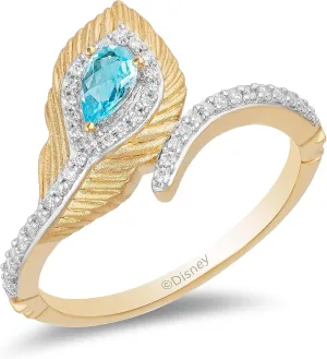 Jewelili Enchanted Disney Fine Jewelry 10K Yellow Gold 1/6 CTTW Diamond and Swiss Blue Topaz Jasmine Peacock Feather Ring