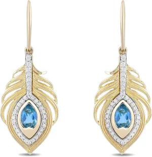 Jewelili Enchanted Disney Fine Jewelry 10K Yellow Gold with 1/5 CTTW Diamonds and Swiss Blue Topaz Jasmine Peacock Feather Earrings.