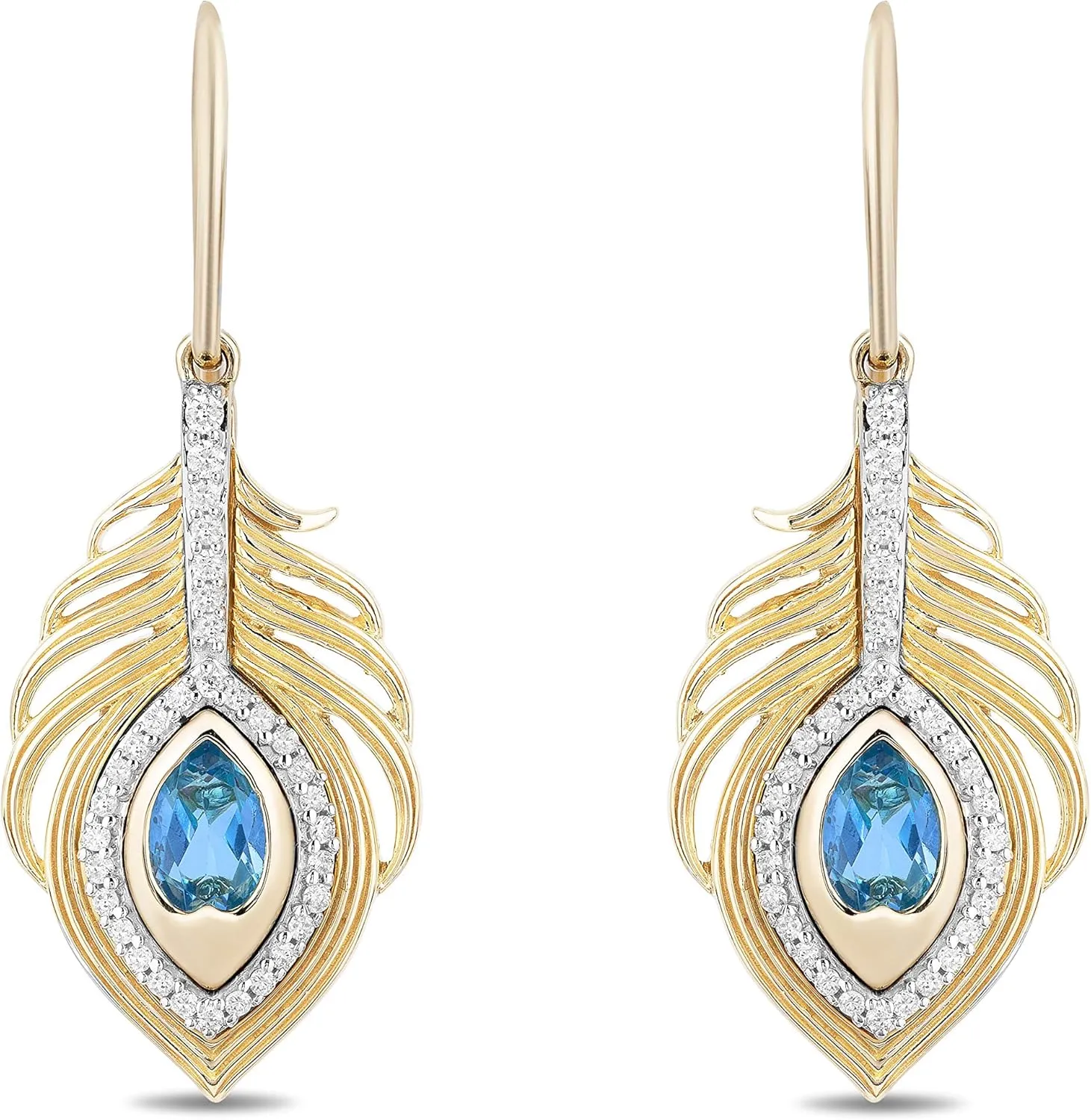Jewelili Enchanted Disney Fine Jewelry 10K Yellow Gold with 1/5 CTTW Diamonds and Swiss Blue Topaz Jasmine Peacock Feather Earrings.