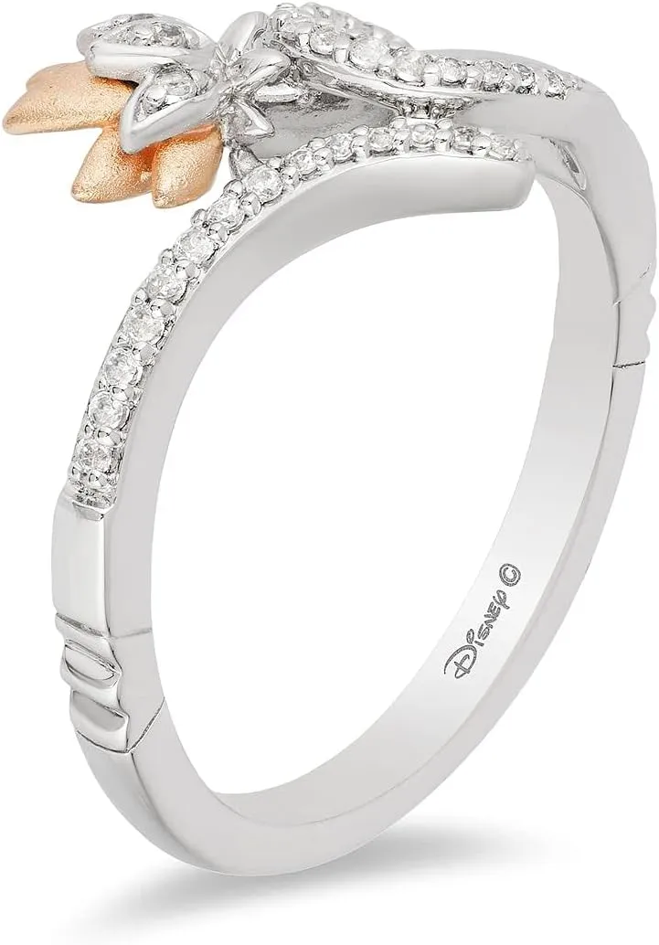 Jewelili Enchanted Disney Fine Jewelry Sterling Silver and 10K Rose Gold 1/10 CTTW Jasmine Ring