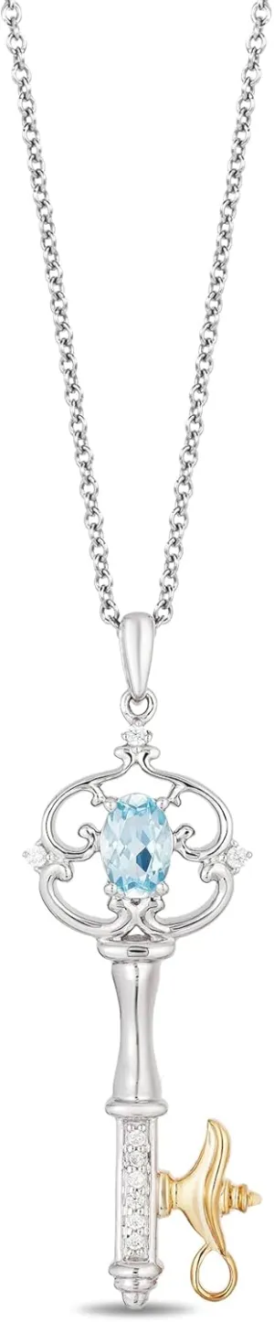 Jewelili Enchanted Disney Fine Jewelry Sterling Silver and 10K Yellow Gold 1/20 CTTW Diamond and Swiss Blue Topaz Jasmine Key Pendant Necklace