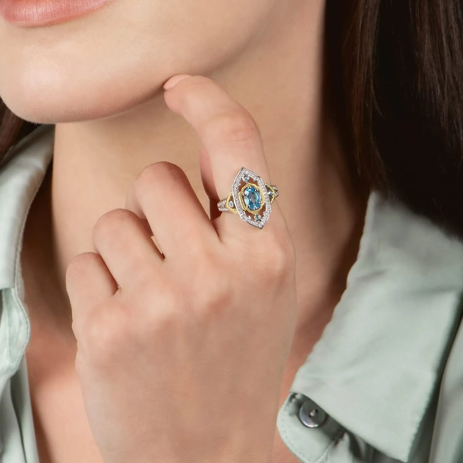 Jewelili Enchanted Disney Fine Jewelry Sterling Silver and 10K Yellow Gold 1/5 CTTW Diamond and Swiss Blue Topaz Jasmine Ring