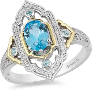 Jewelili Enchanted Disney Fine Jewelry Sterling Silver and 10K Yellow Gold 1/5 CTTW Diamond and Swiss Blue Topaz Jasmine Ring