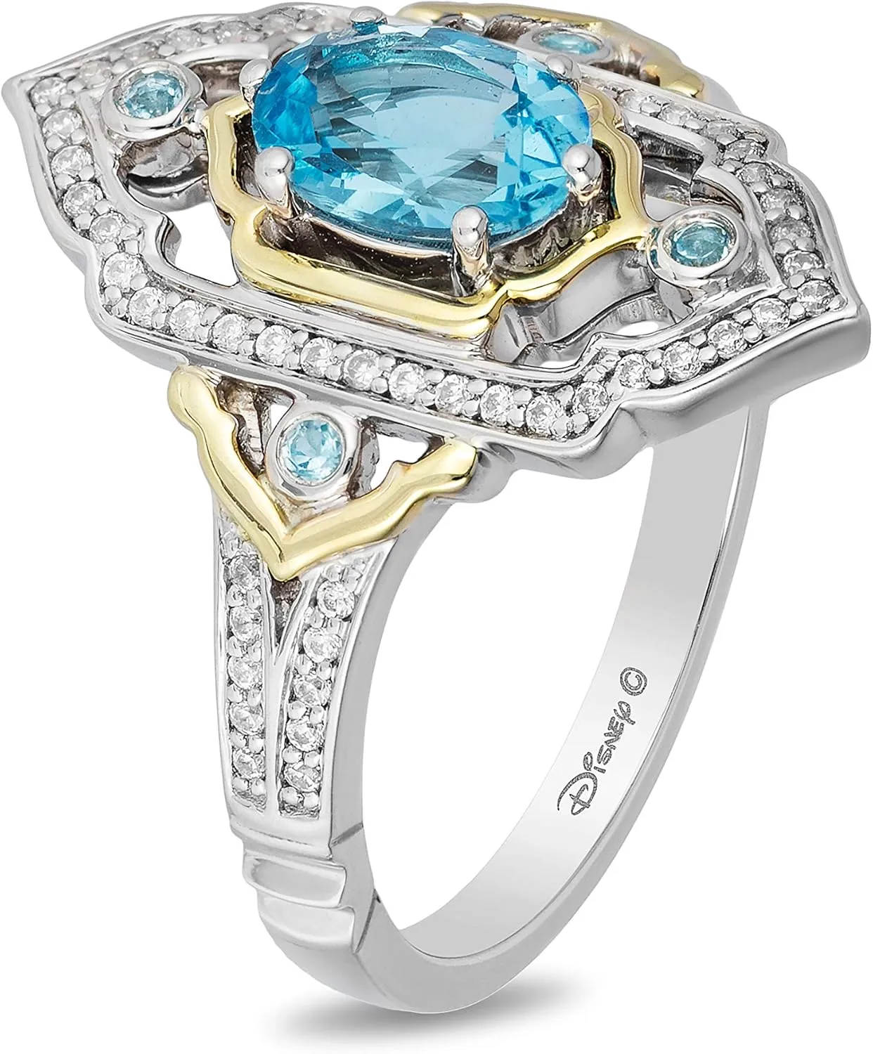 Jewelili Enchanted Disney Fine Jewelry Sterling Silver and 10K Yellow Gold 1/5 CTTW Diamond and Swiss Blue Topaz Jasmine Ring