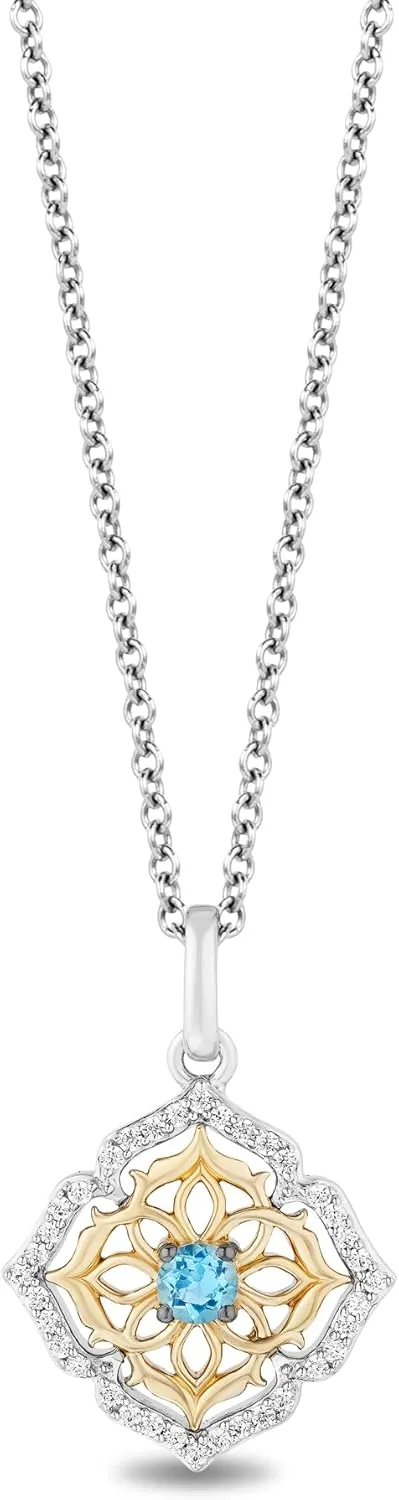 Jewelili Enchanted Disney Fine Jewelry Sterling Silver and 10K Yellow Gold 1/7 CTTW Diamond and Blue Topaz Aladdin 30th Anniversary Jasmine Arabesque Necklace