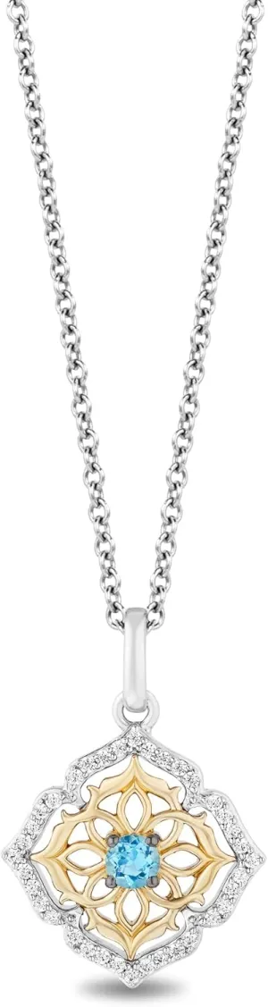 Jewelili Enchanted Disney Fine Jewelry Sterling Silver and 10K Yellow Gold 1/7 CTTW Diamond and Blue Topaz Aladdin 30th Anniversary Jasmine Arabesque Necklace