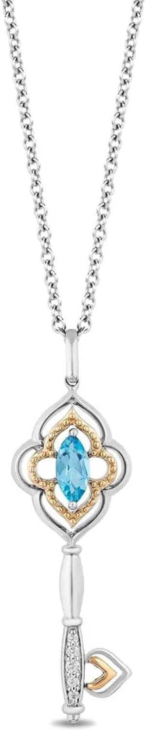 Jewelili Enchanted Disney Fine Jewelry Sterling Silver and 10K Yellow Gold Diamond Accent and Swiss Blue Topaz Jasmine Pendant
