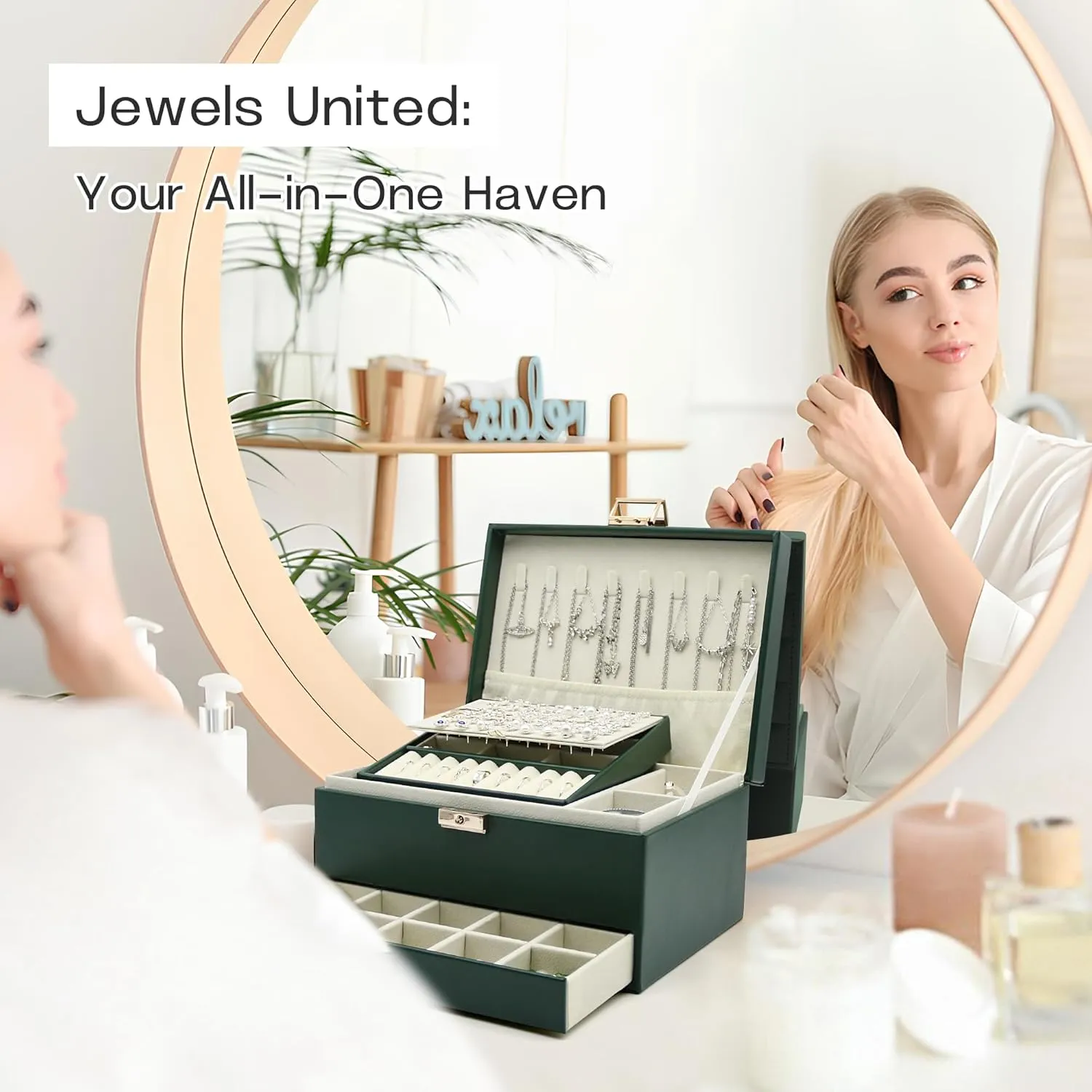 Jewelry Organizer Box, Jewelry Box Organizers for Women Girls, 3 Layers Large Leather Necklace Storage Case for Earring, Rings, Necklaces, Bracelets, Big and Small Jewellery, Watch, Gift (DeepGreen)