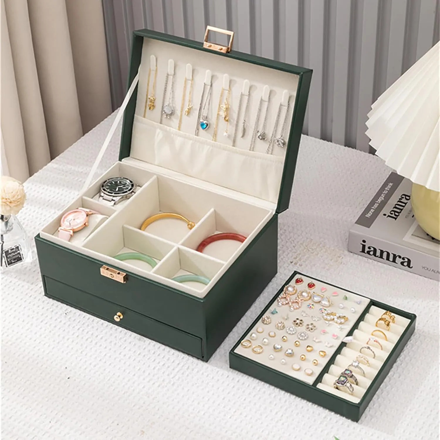 Jewelry Organizer Box, Jewelry Box Organizers for Women Girls, 3 Layers Large Leather Necklace Storage Case for Earring, Rings, Necklaces, Bracelets, Big and Small Jewellery, Watch, Gift (DeepGreen)
