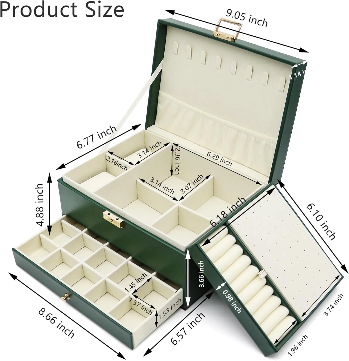 Jewelry Organizer Box, Jewelry Box Organizers for Women Girls, 3 Layers Large Leather Necklace Storage Case for Earring, Rings, Necklaces, Bracelets, Big and Small Jewellery, Watch, Gift (DeepGreen)