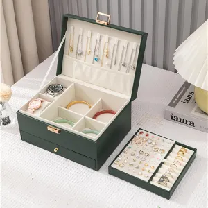 Jewelry Organizer Box, Jewelry Box Organizers for Women Girls, 3 Layers Large Leather Necklace Storage Case for Earring, Rings, Necklaces, Bracelets, Big and Small Jewellery, Watch, Gift (DeepGreen)