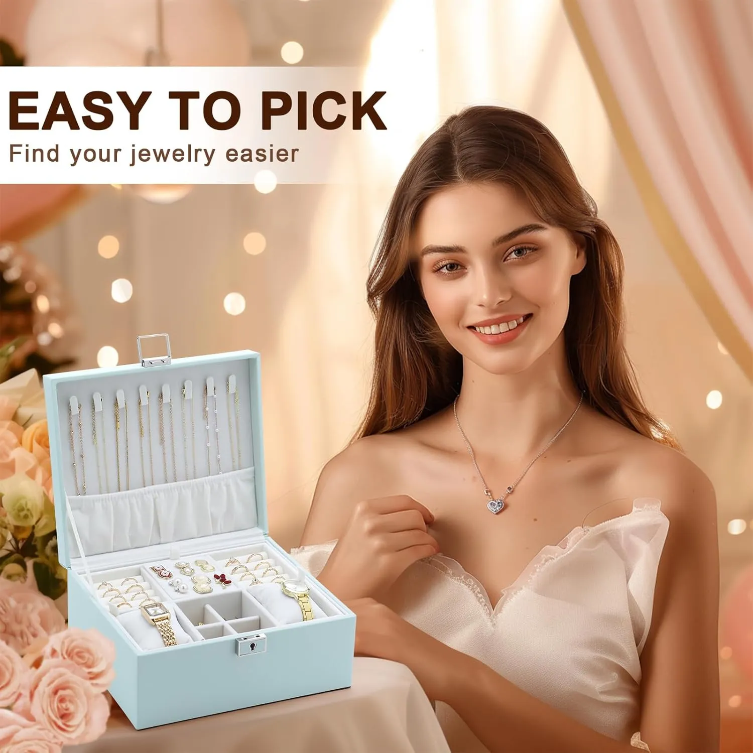 Jewelry Organizer Boxes for Women,2 Layers Removable Travel Jewelry Case,Storage for Necklace, Bracelet, Earring and Rings,Jewelry Boxes Gifts for Women & Girls
