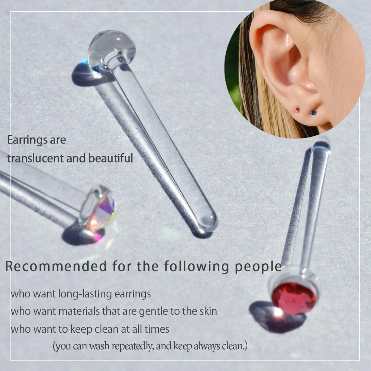 Jewelry Stud Earrings for Women Tempered Glass Hypoallergenic Rhinestone Clear 20G 18G 16G Retainer Body Piercing for First Second Earrings Every Day Use Silicone