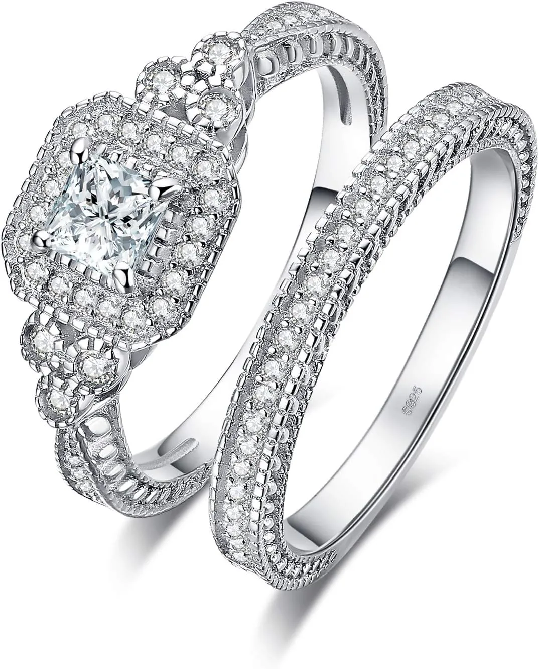 JewelryPalace Vintage 14K Gold Plated 925 Sterling Silver Halo Engagement Ring Wedding Band Bridal Sets