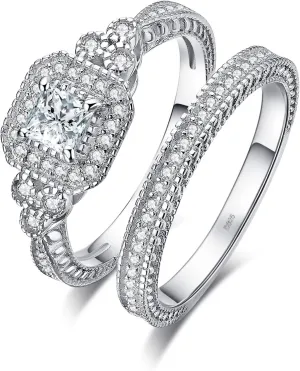 JewelryPalace Vintage 14K Gold Plated 925 Sterling Silver Halo Engagement Ring Wedding Band Bridal Sets