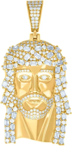 JewelryWeb 925 Sterling Silver Yellow tone Mens 3.01ct, 3.79ct Baguette Round Moissanite Religious Faith Inspiration Jesus Pendant Necklace 64.2x30.7mm Wide - for Men