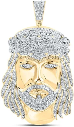 Jewels By Lux 10K Yellow Gold Mens Round Diamond Jesus Charm Pendant 2-1/4 Cttw, Length: 1.94 In, Width: 1.15 In