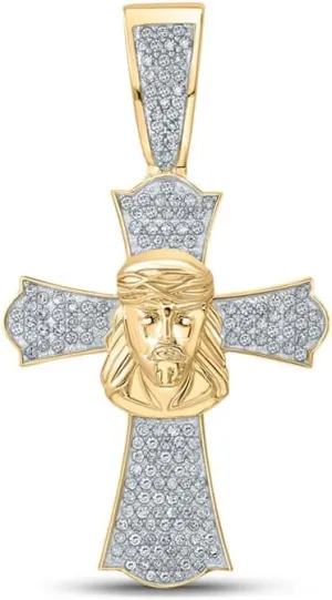 Jewels By Lux 10K Yellow Gold Mens Round Diamond Jesus Cross Charm Pendant 1/2 Cttw