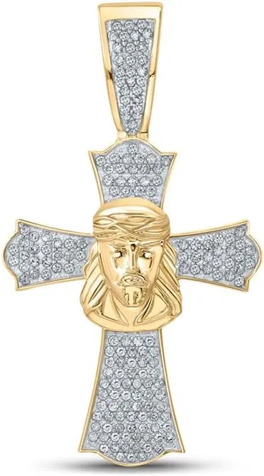 Jewels By Lux 10K Yellow Gold Mens Round Diamond Jesus Cross Charm Pendant 1/2 Cttw