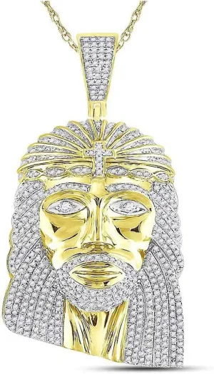 Jewels By Lux 10K Yellow Gold Mens Round Diamond Jesus Face Charm Pendant 1-1/4 Cttw