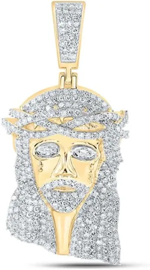 Jewels By Lux 10K Yellow Gold Mens Round Diamond Jesus Face Charm Pendant 2-1/3 Cttw