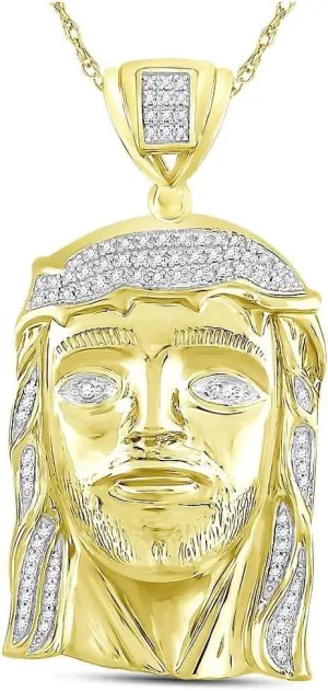 Jewels By Lux 10K Yellow Gold Mens Round Diamond Jesus Face Charm Pendant 3/8 Cttw, Length: 2.02 In, Width: 1.02 In