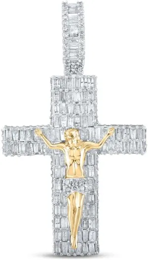Jewels By Lux 14K Yellow Gold Mens Baguette Diamond Jesus Cross Crucifix Pendant 3-7/8 Cttw, Length: 2.09 In, Width: 1.14 In