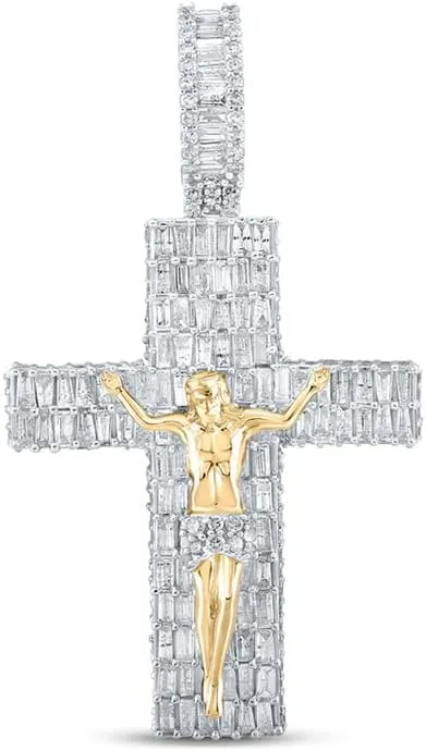 Jewels By Lux 14K Yellow Gold Mens Baguette Diamond Jesus Cross Crucifix Pendant 3-7/8 Cttw, Length: 2.09 In, Width: 1.14 In