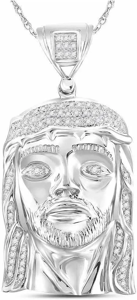 Jewels By Lux Sterling Silver Mens Round Diamond Jesus Face Charm Pendant 1/4ctw