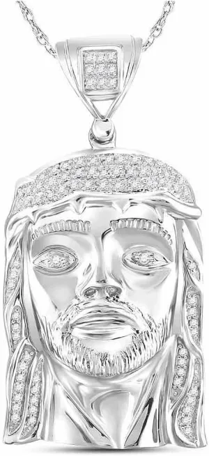 Jewels By Lux Sterling Silver Mens Round Diamond Jesus Face Charm Pendant 1/4ctw