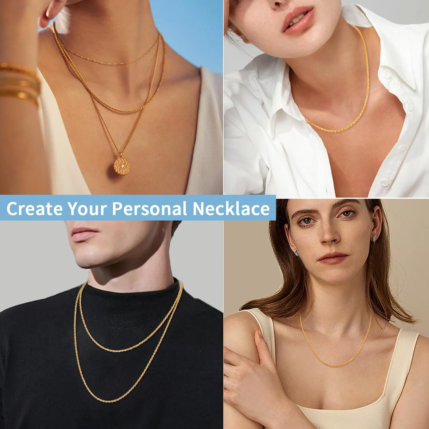 Jewlpire 14K Gold Rope Chain Necklace for Men Women, 2.5mm 3mm 4mm Mens Necklace Stainless Steel Rope Chain for Men Sturdy & Comfortable Men's Chain Necklaces, 16 18 20 22 24 26 Inch