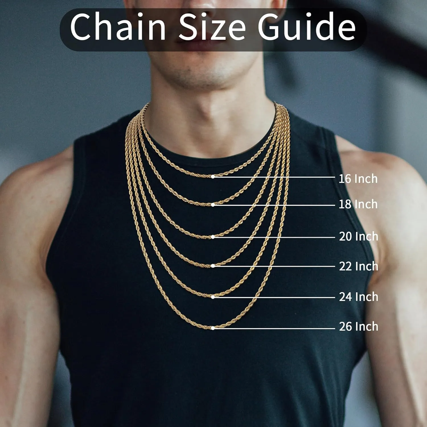 Jewlpire 14K Gold Rope Chain Necklace for Men Women, 2.5mm 3mm 4mm Mens Necklace Stainless Steel Rope Chain for Men Sturdy & Comfortable Men's Chain Necklaces, 16 18 20 22 24 26 Inch