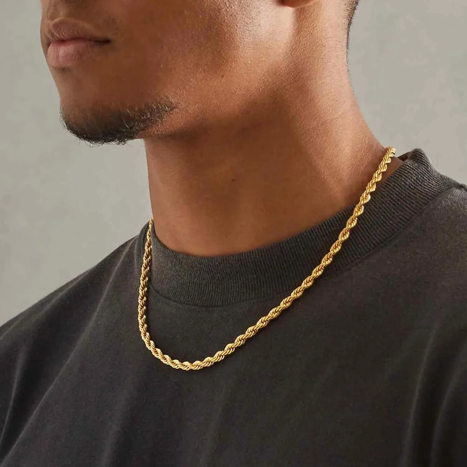 Jewlpire 14K Gold Rope Chain Necklace for Men Women, 2.5mm 3mm 4mm Mens Necklace Stainless Steel Rope Chain for Men Sturdy & Comfortable Men's Chain Necklaces, 16 18 20 22 24 26 Inch