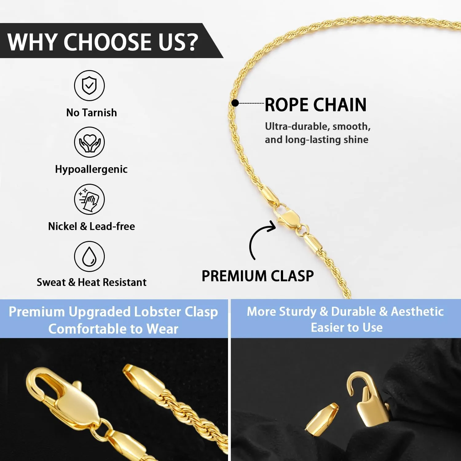 Jewlpire 14K Gold Rope Chain Necklace for Men Women, 2.5mm 3mm 4mm Mens Necklace Stainless Steel Rope Chain for Men Sturdy & Comfortable Men's Chain Necklaces, 16 18 20 22 24 26 Inch